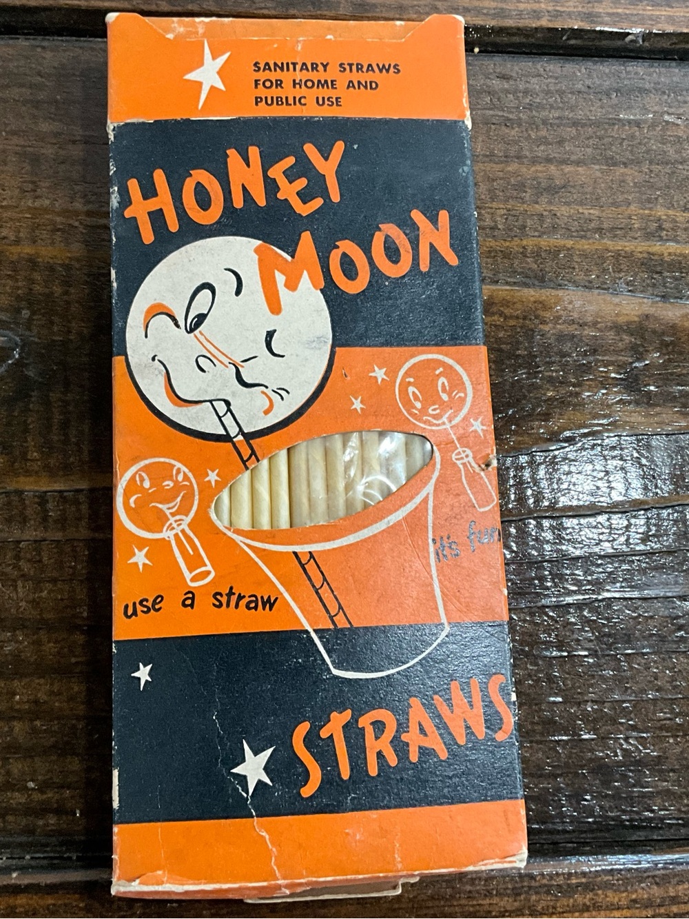 Vintage Box of Honey Moon Paper Straws Orange Black Halloween Decor Collectible